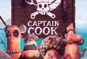 Cartoon characters dressed as chefs stand before a wooden sign with a pirate-themed chef logo and the text "Captain Cook." The background shows a sea view with some distant land, reminiscent of the adventurous spirit found at an Idaho theme park.
