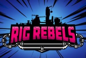 A logo featuring the words "RIG REBELS" in bold, pink letters with an industrial silhouette and a blue burst background, capturing the excitement of an arcade in Idaho.