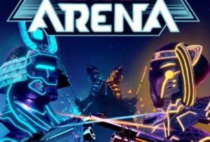 Cover art for "Simurai Arena," depicting two futuristic, glowing, robot-like warriors pointing guns at each other with a third figure in the background, resembling a high-stakes laser tag battle straight out of an arcade in Idaho.