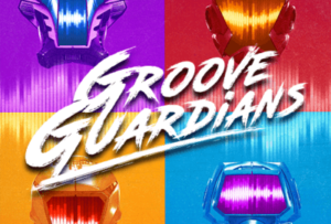 Colorful poster featuring four futuristic helmets on a purple, red, yellow, and blue background with the text "Groove Guardians" in the center—a vibrant nod to amusement park fun in Idaho.