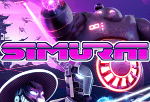 Cover art for the game "Simurai" featuring futuristic armored characters, advanced weaponry, and a flying robot against a neon purple background reminiscent of an Idaho theme park, with the game's title prominently displayed.