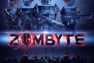 Four robotic figures armed with weapons stand above the word "Zombyte" in stylized text, with a horde of undead-like figures in the shadows below—a scene perfect for an Idaho theme park or laser tag adventure.